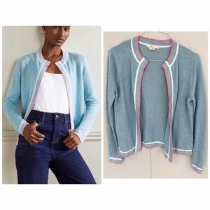 BODEN Stripe Trim Linen Cardigan in Blue and Pink K0465